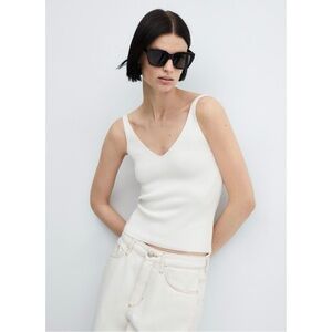 Mango V-Neck Ribbed Knit Cami Top in Ecru Size Small